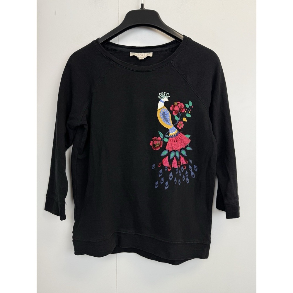 Loft Blouse Womens Size S Sweatshirt Black Peacock Bird Beaded 3/4 Sleeves